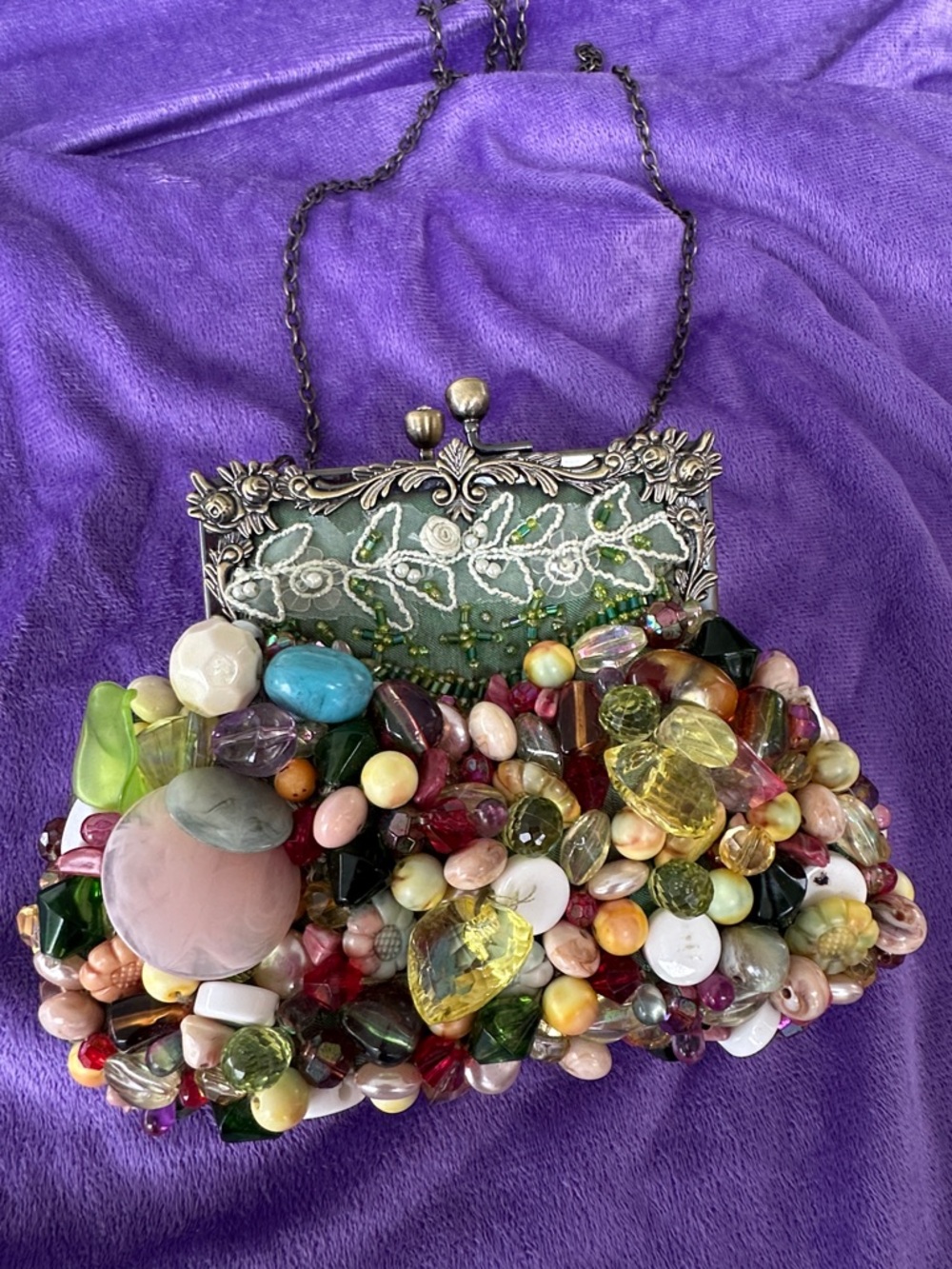 Embellished Multicolor Beaded Evening Clutch - Green Frame